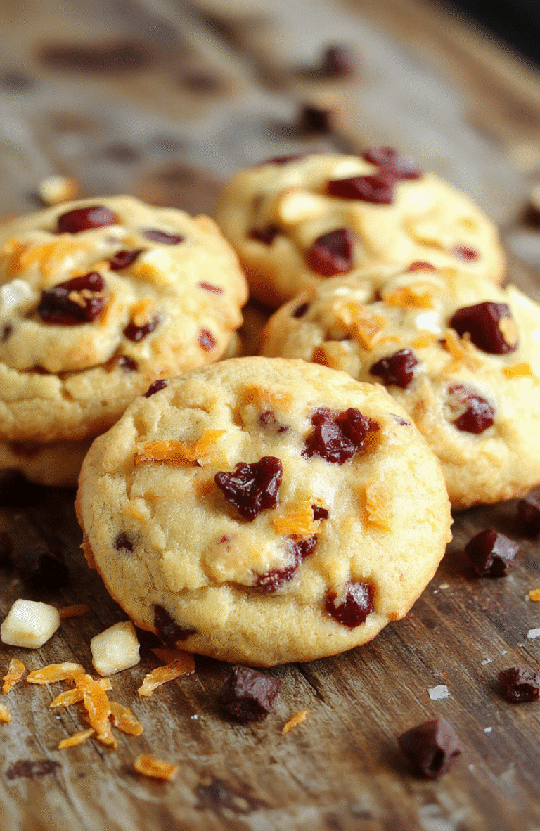 Colorful zesty orange cranberry cookies arranged on a white plate, with a bright orange peel zest and plump cranberries visible. The cookies have a golden-brown crust with a slightly glazed surface, topped with bits of chopped cranberries and orange zest, styled with festive holiday decorations in the background.