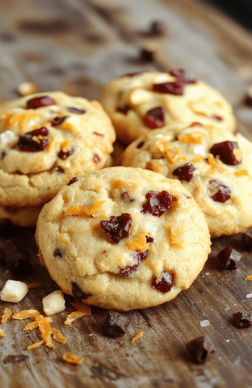 Colorful zesty orange cranberry cookies arranged on a white plate, with a bright orange peel zest and plump cranberries visible. The cookies have a golden-brown crust with a slightly glazed surface, topped with bits of chopped cranberries and orange zest, styled with festive holiday decorations in the background.
