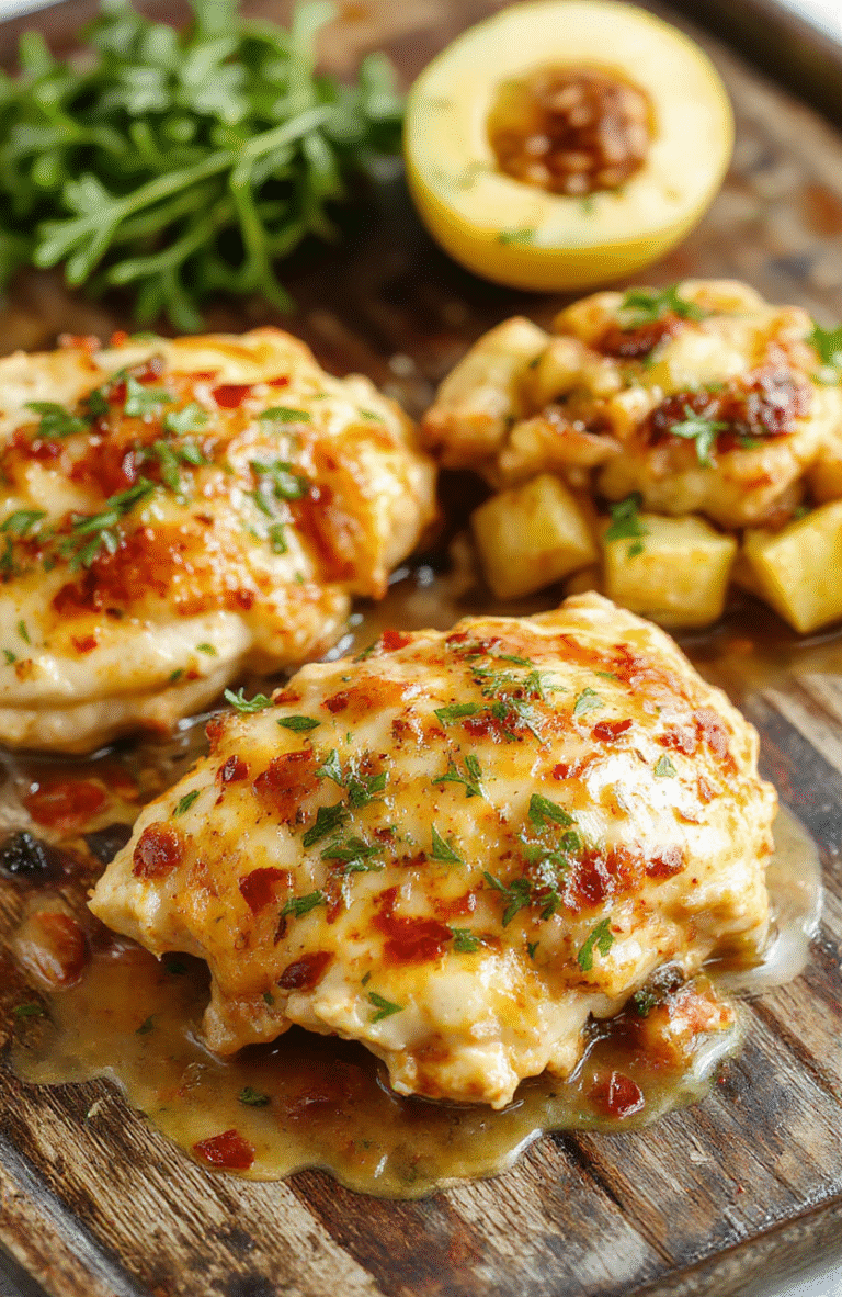A vibrant plate of pepperoncini chicken skillet featuring tender chicken pieces coated in a flavorful sauce with bright green pepperoncini slices, garnished with fresh herbs. The dish is served on a rustic wooden table, with glistening juices and crispy edges on the chicken, styled simply yet invitingly to highlight its colorful, zesty appeal.