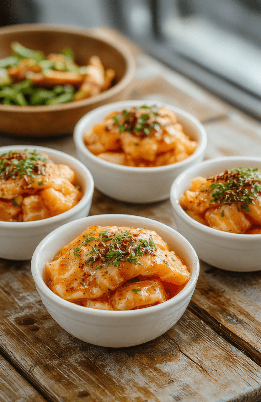 Colorful salmon bites arranged in a vibrant bowl, topped with fresh herbs and sesame seeds, served with a side of crunchy vegetables and rice, styled simply with a rustic wooden background.