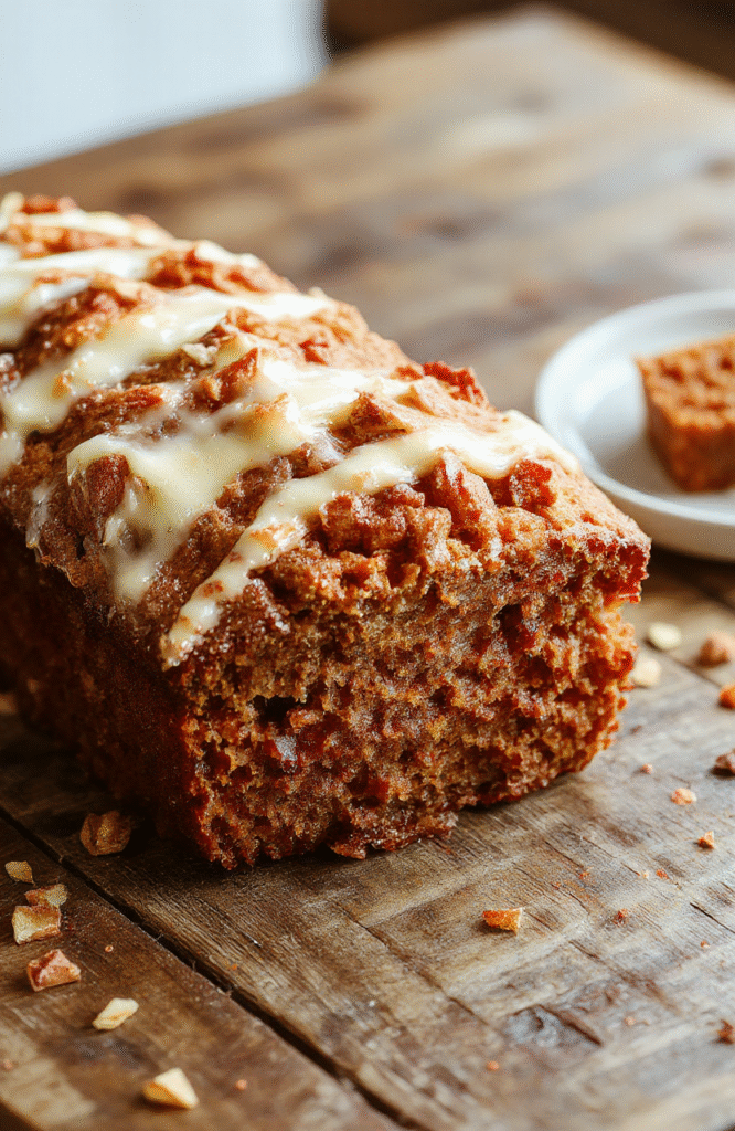 A golden-brown loaf of carrot cake banana bread slicing open to reveal moist, speckled interior with grated carrot and banana chunks, topped with a light cream cheese glaze and garnished with crushed nuts and a sprinkle of cinnamon, all presented on a rustic wooden board with a soft, warm background.
