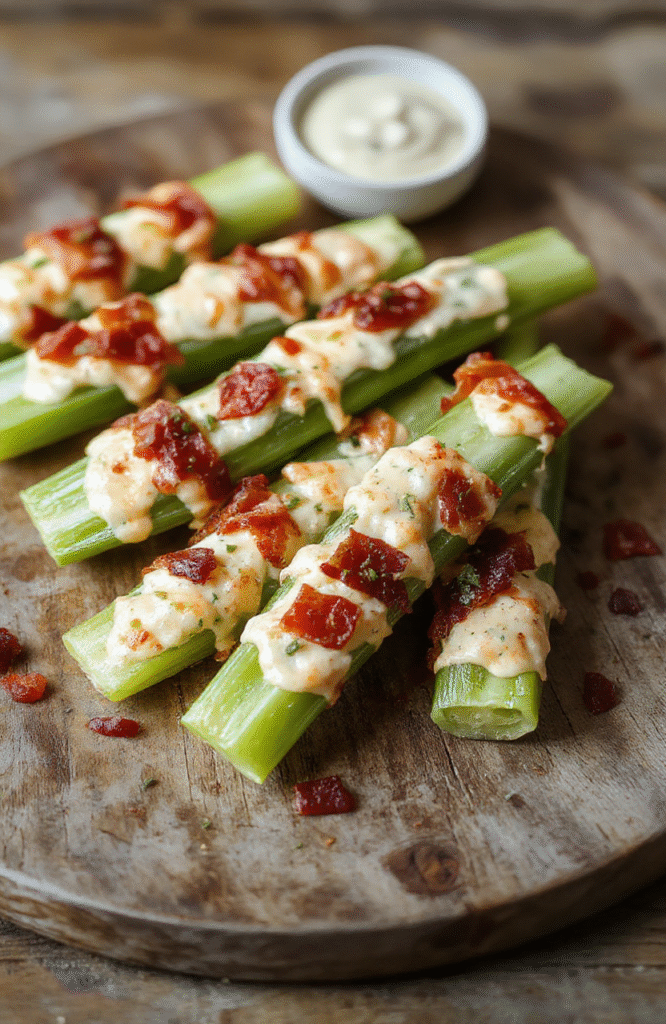 Colorful celery sticks filled with creamy cheddar cheese, crispy bacon bits, and green herbs, garnished with a drizzle of ranch dressing, styled on a rustic plate with a textured wooden background, fresh ingredients visible, inviting and vibrant.