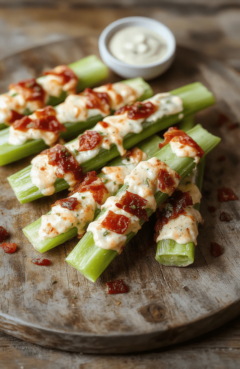 Colorful celery sticks filled with creamy cheddar cheese, crispy bacon bits, and green herbs, garnished with a drizzle of ranch dressing, styled on a rustic plate with a textured wooden background, fresh ingredients visible, inviting and vibrant.