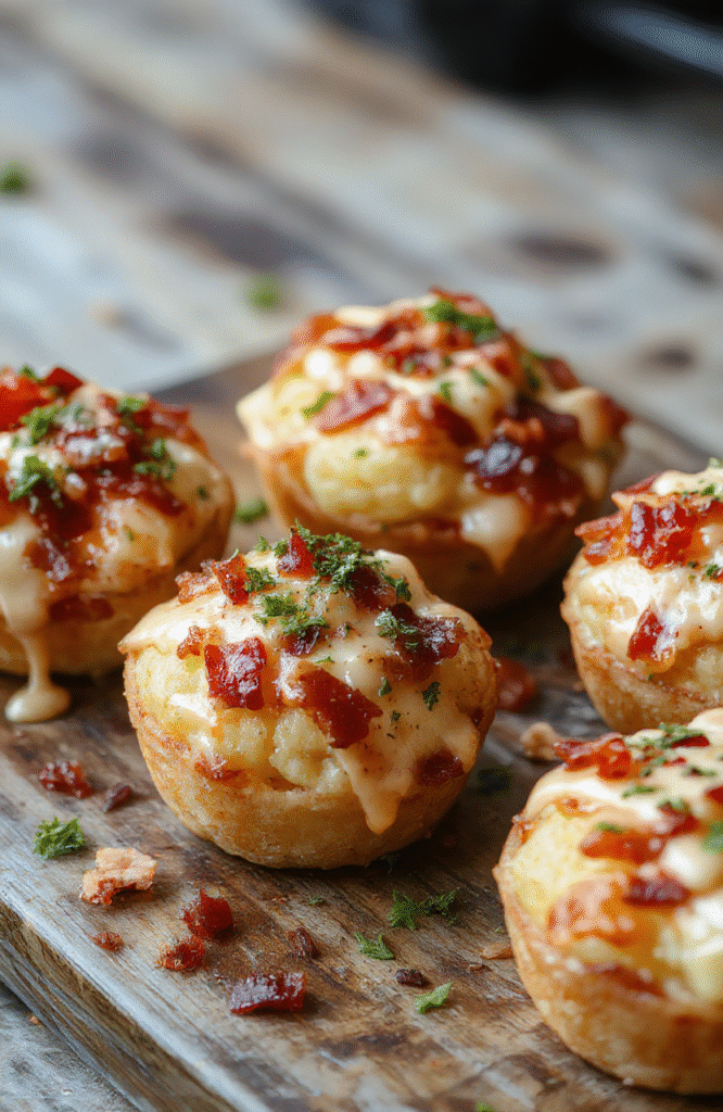 A close-up of golden crispy tater tot cups filled with melted cheese and crispy bacon bits on a rustic wooden board, garnished with chopped parsley, styled simply for an inviting food shot.