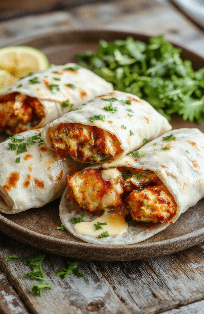 A vibrant plate featuring golden-brown chicken slices topped with melted cheese and chopped parsley, wrapped in soft tortillas with visible garlic butter seasonings, arranged on a rustic wooden board with fresh herbs scattered around, styled for an inviting and casual meal presentation.