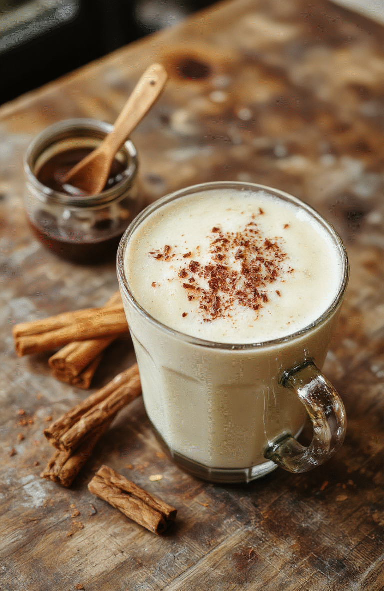 A beautifully styled vanilla cinnamon latte in a clear glass mug, topped with whipped cream, cinnamon powder, and vanilla bean seeds. The latte has a creamy texture with a warm caramel hue, accents of cinnamon sticks and vanilla pods nearby, placed on a rustic wooden table with soft natural light highlighting the steamy beverage and inviting atmosphere.