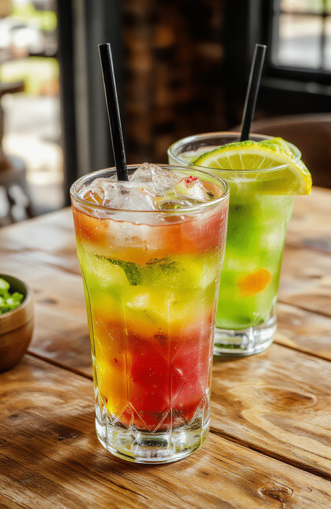 A vibrant turquoise Baja Blast soda in a clear glass with ice cubes, garnished with a lime wedge and a straw, placed on a colorful table with a blurred background, highlighting the refreshing and tropical appearance of the drink, with slight carbonization bubbles visible.