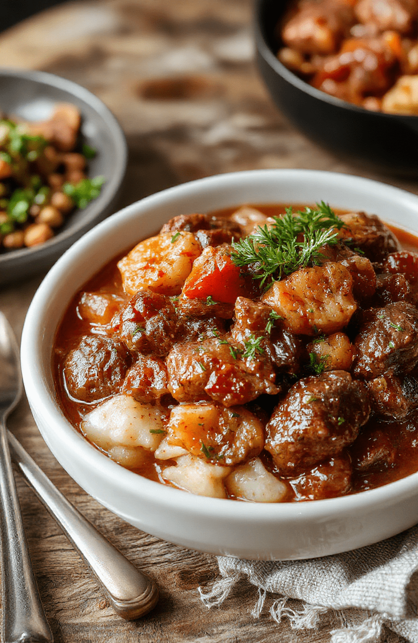 A hearty bowl of beef stew with tender chunks of beef, carrots, potatoes, and celery in a rich brown gravy, garnished with fresh herbs, served on a rustic wooden table with a cozy background.