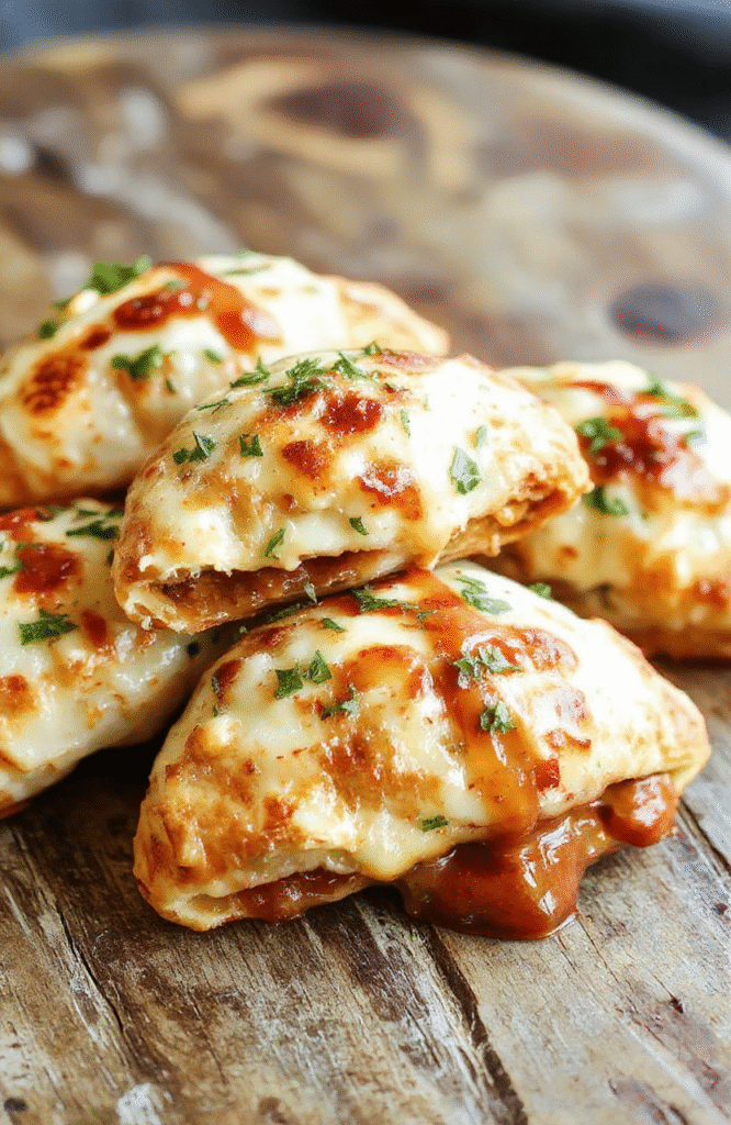 A golden-brown air fryer calzone on a rustic wooden platter, filled with melted cheese and savory toppings, steam slightly escaping, garnished with fresh herbs, styled with a casual napkin and a side of marinara sauce, vibrant and appetizing.