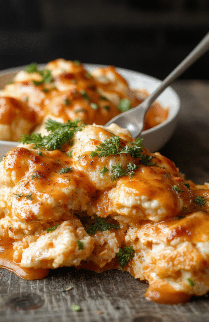A vibrant cauliflower casserole topped with shredded buffalo chicken, melted creamy cheese, and garnished with chopped green onions, presented on a rustic wooden plate. The dish has a golden-brown crust with a rich, spicy sauce visible between the tender cauliflower florets, styled casually with a warm, inviting atmosphere.
