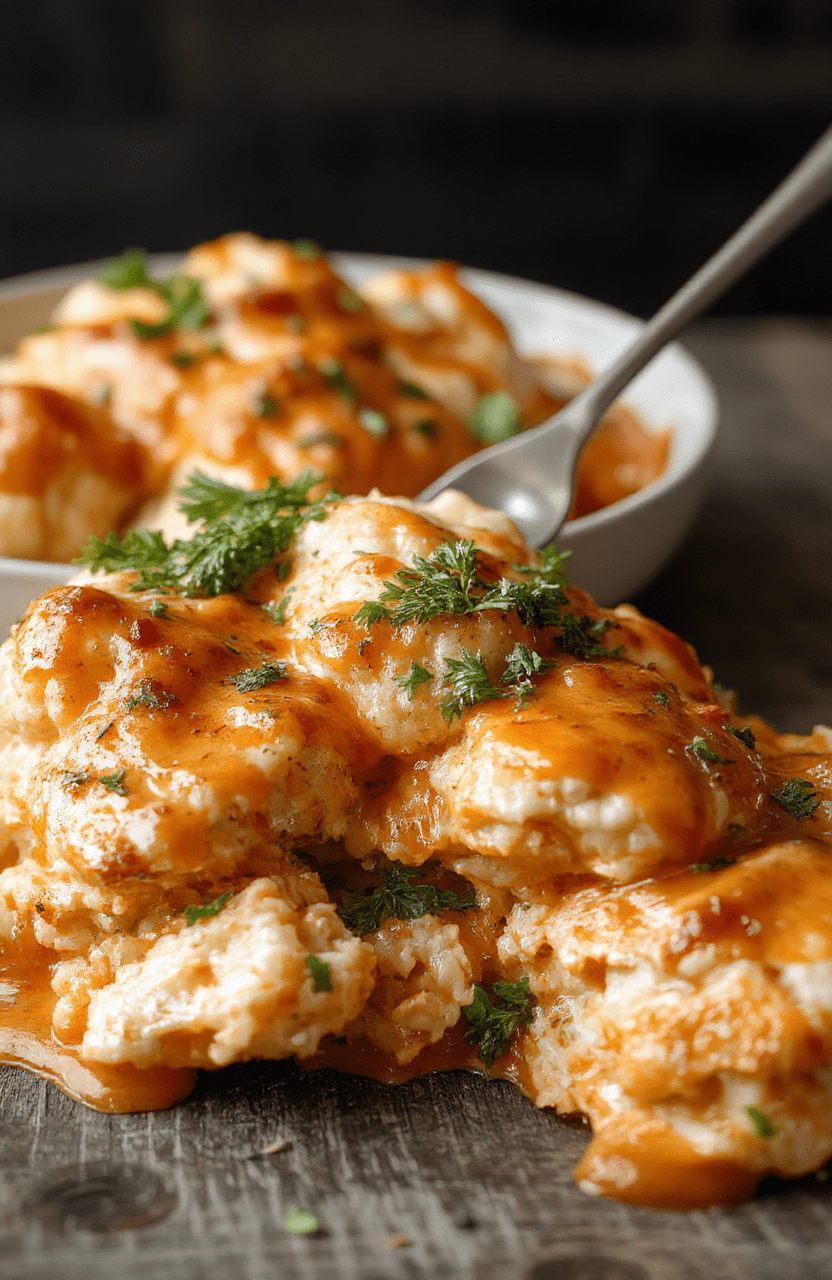 A vibrant cauliflower casserole topped with shredded buffalo chicken, melted creamy cheese, and garnished with chopped green onions, presented on a rustic wooden plate. The dish has a golden-brown crust with a rich, spicy sauce visible between the tender cauliflower florets, styled casually with a warm, inviting atmosphere.