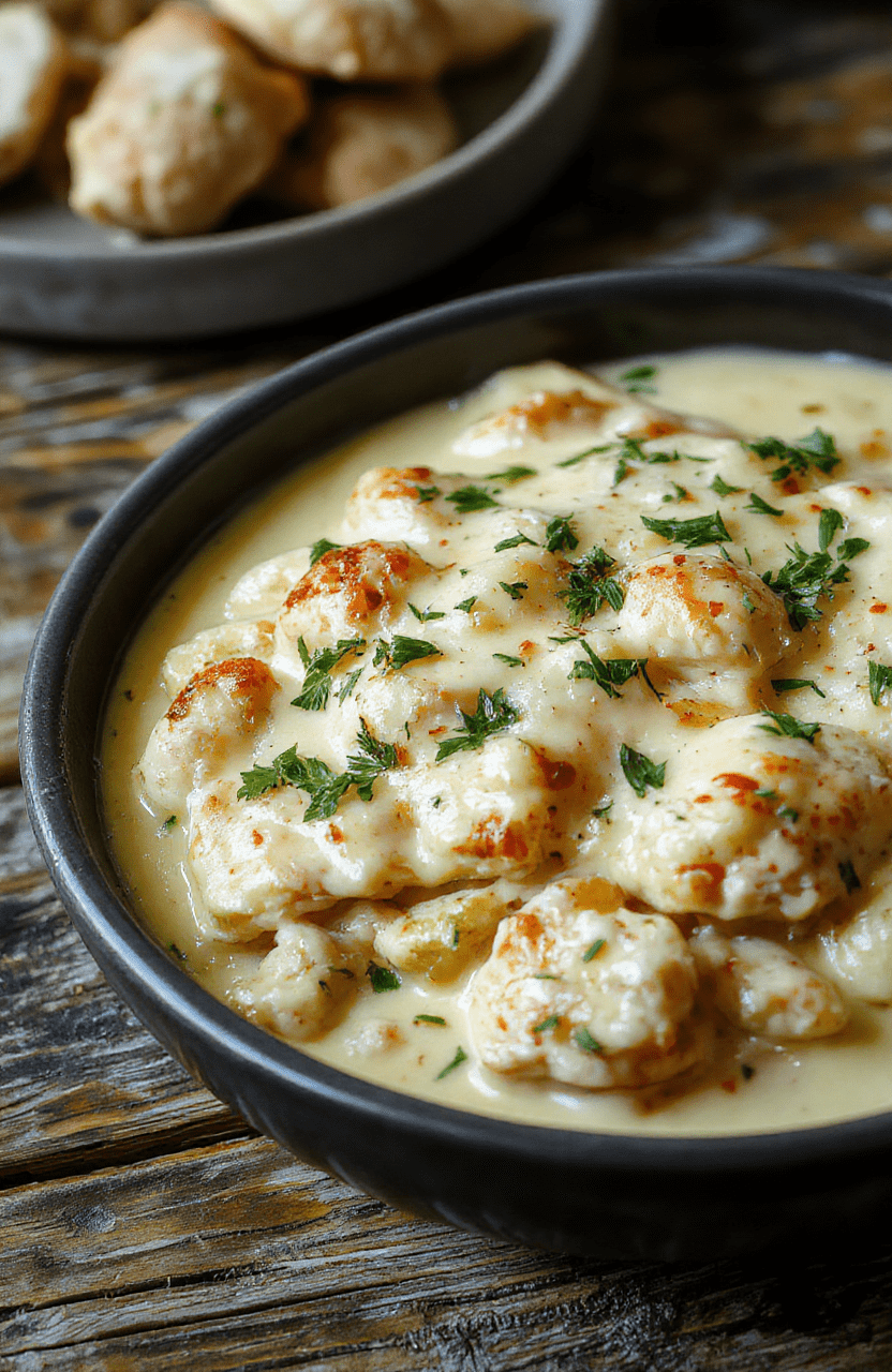 A colorful creamy chicken casserole in a white baking dish, topped with melted cheese and fresh herbs, with tender shredded chicken, green vegetables, and a golden crust, styled simply on a rustic wooden table with natural daylight highlighting the textures