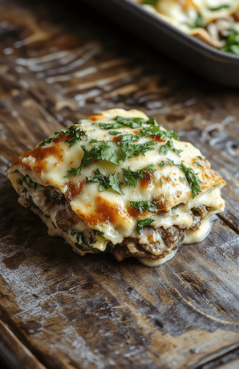 A vibrant, layered mushroom and spinach lasagna on a rustic wooden table, topped with melted cheese and fresh basil, revealing golden-brown edges and steaming hot layers inside, styled for a cozy, inviting atmosphere.