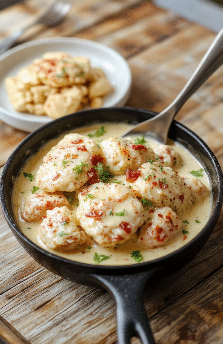 A vibrant plate featuring tender sliced chicken immersed in a creamy sauce with sliced pepperoncini peppers, garnished with fresh herbs, served on a rustic wooden table with colorful side vegetables, highlighting textures of the smooth sauce contrasted with the crispy edges of the chicken and bright peppers, styled simply for an inviting look.