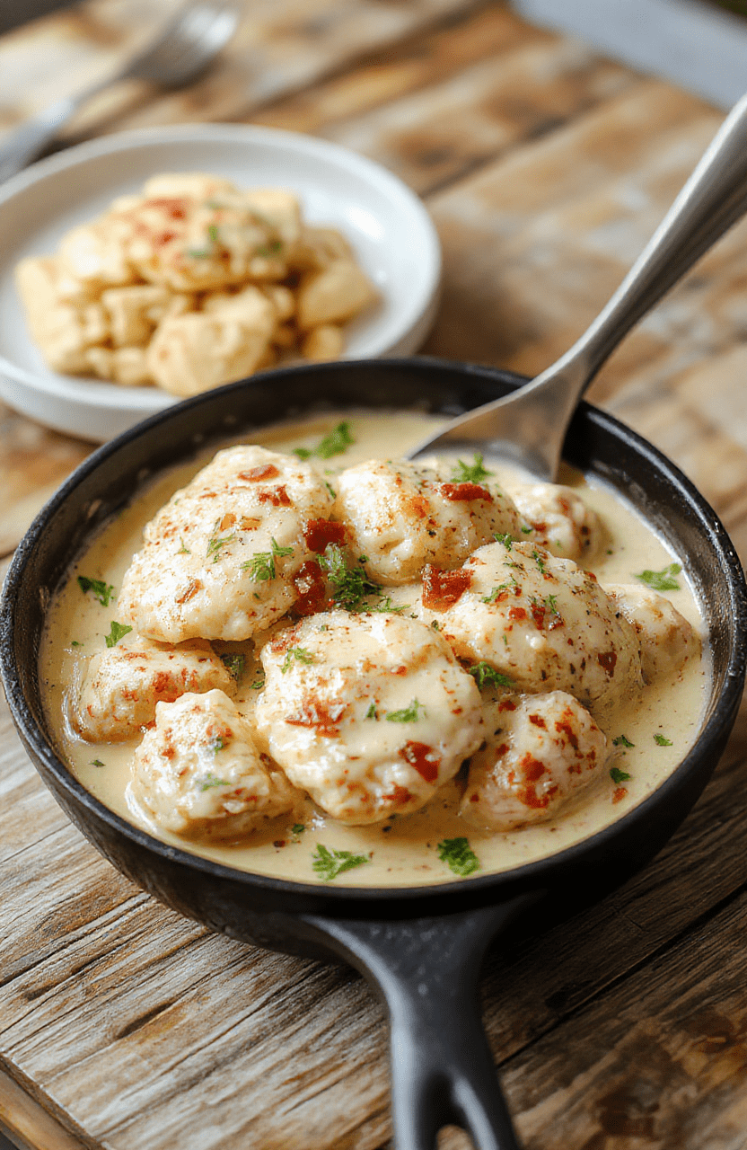 A vibrant plate featuring tender sliced chicken immersed in a creamy sauce with sliced pepperoncini peppers, garnished with fresh herbs, served on a rustic wooden table with colorful side vegetables, highlighting textures of the smooth sauce contrasted with the crispy edges of the chicken and bright peppers, styled simply for an inviting look.