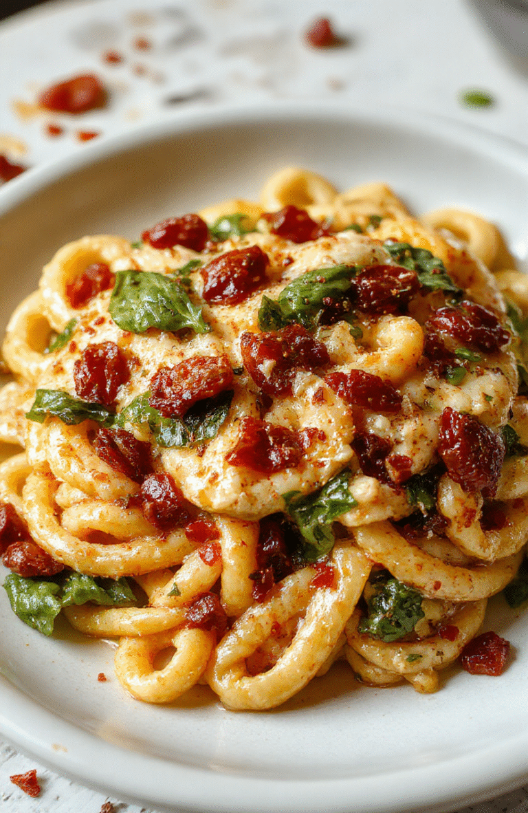 A vibrant plate of creamy sun-dried tomato spaghetti garnished with fresh spinach leaves, plated on a rustic wooden table. The dish features rich, red sun-dried tomatoes, smooth creamy sauce coating perfectly al dente spaghetti, with a sprinkle of grated cheese and a drizzle of olive oil. Bright green spinach adds freshness, creating a colorful and inviting presentation styled simply for an appetizing look.