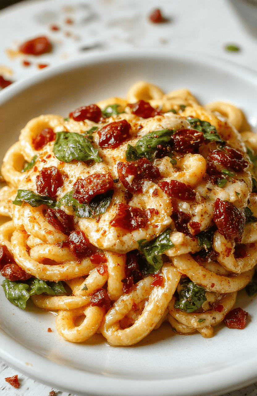 A vibrant plate of creamy sun-dried tomato spaghetti garnished with fresh spinach leaves, plated on a rustic wooden table. The dish features rich, red sun-dried tomatoes, smooth creamy sauce coating perfectly al dente spaghetti, with a sprinkle of grated cheese and a drizzle of olive oil. Bright green spinach adds freshness, creating a colorful and inviting presentation styled simply for an appetizing look.