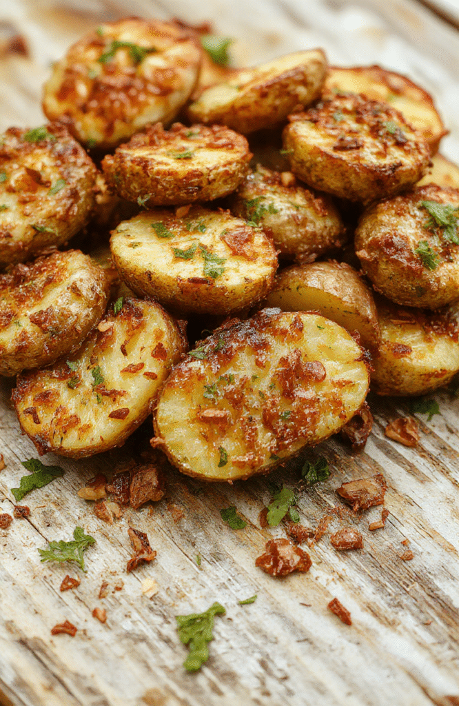 A plate of golden-brown crispy air fryer baked potatoes with a fluffy interior, drizzled with butter and garnished with fresh herbs, presented on a rustic wooden table with a vibrant background.