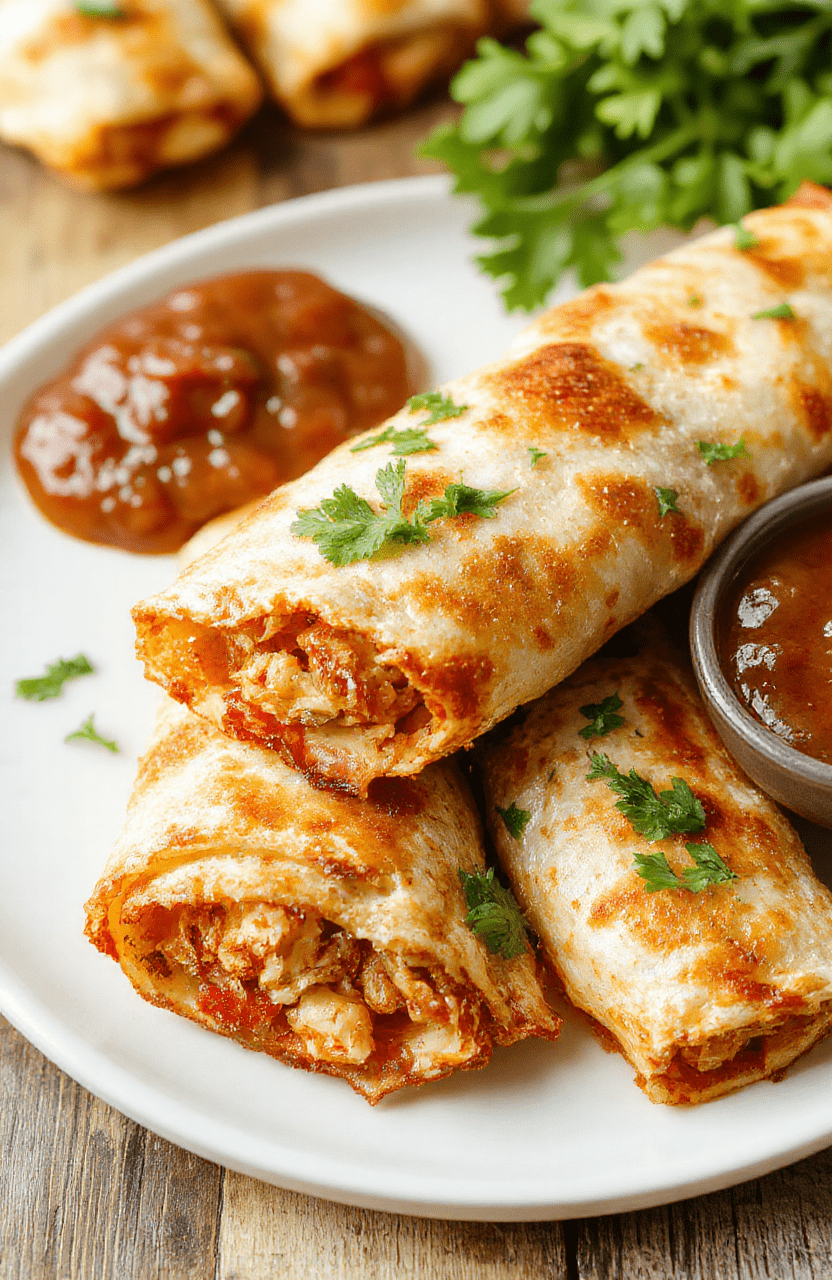 Golden brown crispy chicken taquitos arranged on a white plate, garnished with fresh cilantro and a side of creamy dip, the surface textured with crispy edges, vibrant colors of the chicken and golden tortilla shells, styled simply for a home-cooked look.