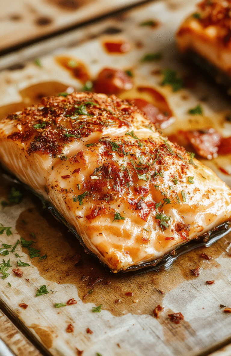 Golden-brown, flaky air fryer salmon fillet plated elegantly on a white ceramic dish, garnished with fresh herbs and lemon wedges, served alongside vibrant roasted vegetables, with a crispy, textured exterior visible, styled on a rustic wooden surface.