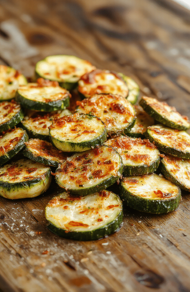 Golden-brown crispy zucchini slices topped with melted Parmesan cheese, arranged on a white ceramic plate. The zucchini edges are perfectly crunchy, with a soft interior and a hint of herbs garnished on top. The presentation is simple and inviting, with a blurred background that accentuates the crispy texture and vibrant green color of the zucchini.