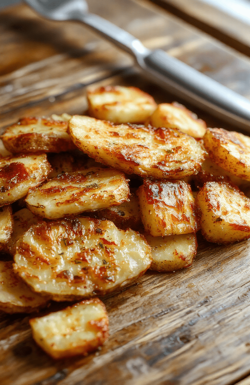 Golden crispy baked potato slices arranged in a circle on a white plate, topped with fresh herbs and a drizzle of olive oil, with a rustic wooden background showing textures of the potatoes, light seasoning visible, styled simply but elegant for a cozy appetizer