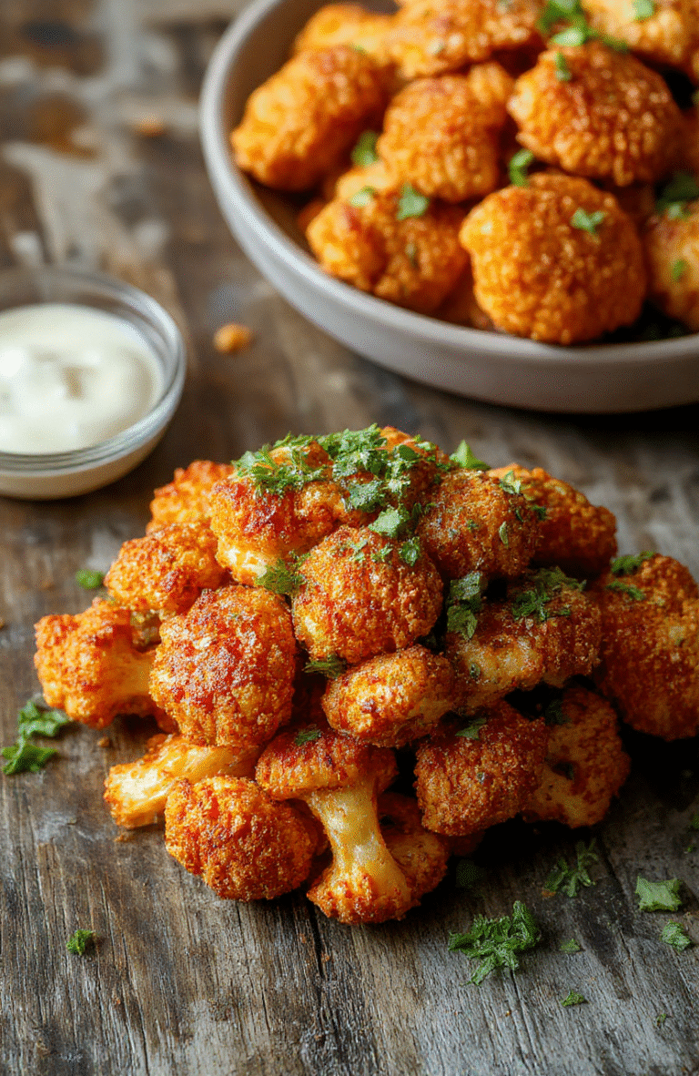 A vibrant plate of crispy buffalo cauliflower florets coated in spicy sauce, garnished with fresh parsley, served on a modern white platter with a rustic wooden background, with a hint of creamy dipping sauce and scattered cauliflower pieces for texture.