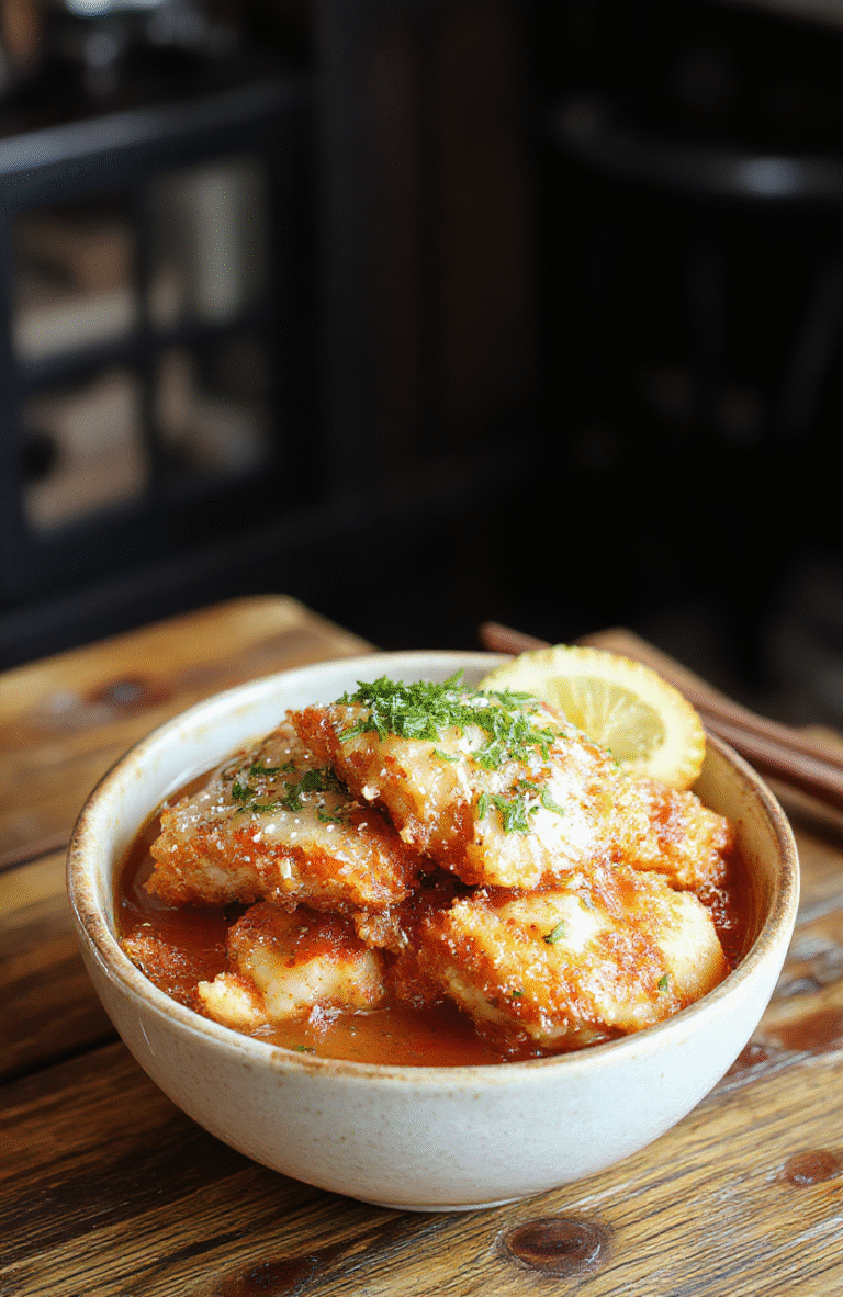 A vibrant close-up of a crispy Japanese Katsu Bowl featuring golden-brown breaded pork cutlet sliced over fluffy white rice, drizzled with rich homemade Tonkatsu sauce, garnished with shredded cabbage and sesame seeds, plated on a rustic wooden surface with natural lighting highlighting textures.
