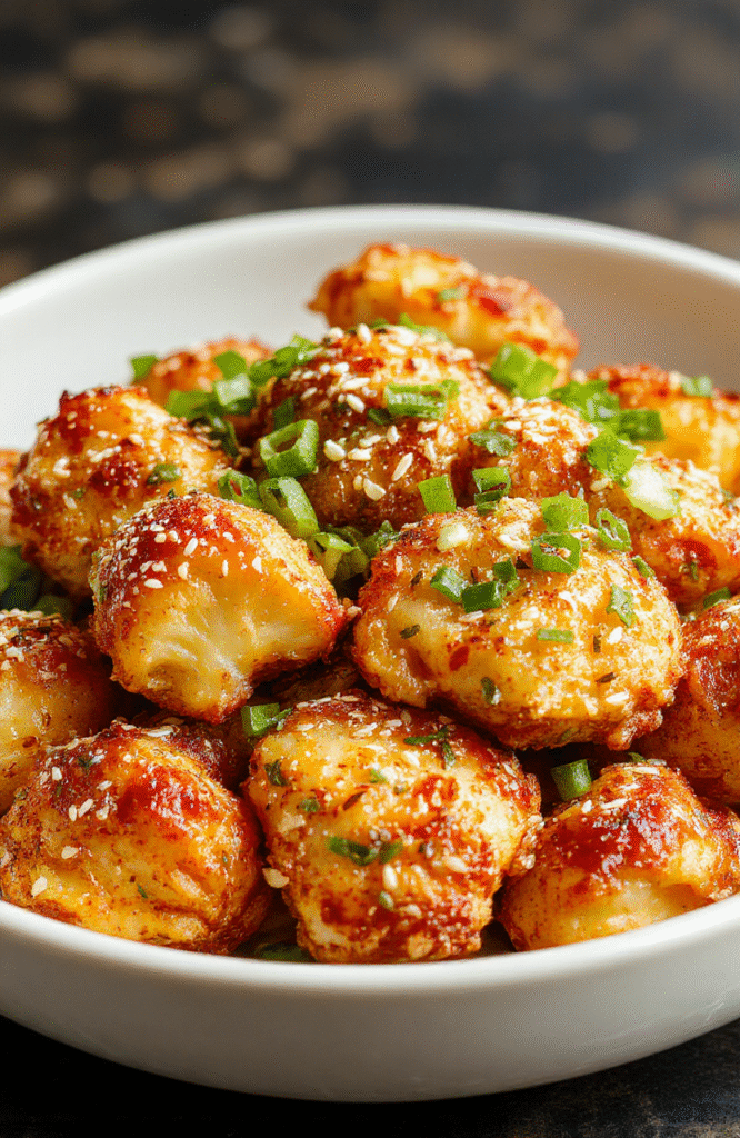 Colorful crispy cauliflower wings with sesame seeds on a white plate, garnished with chopped green onions and drizzled with sauce, vibrant and textured, styled simply on a wooden table, inviting and fresh.