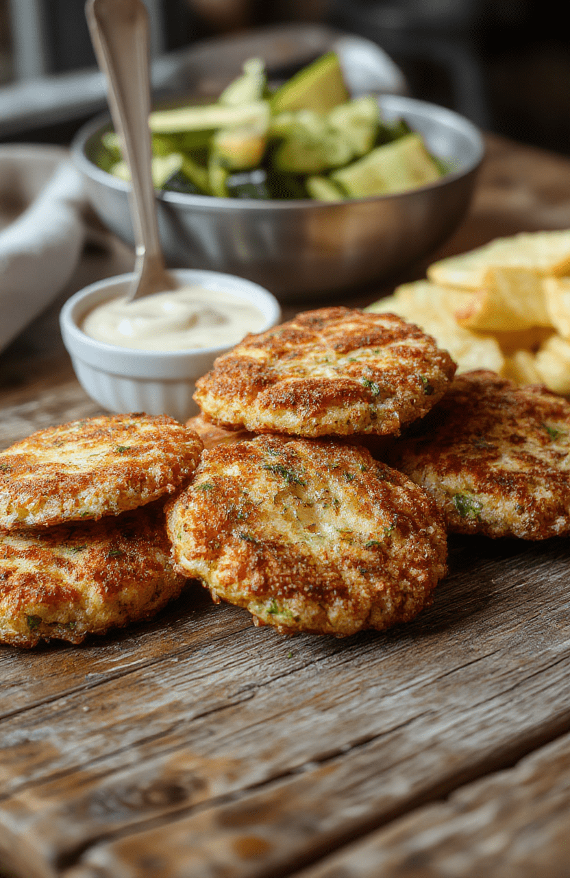 Golden brown crispy zucchini fritters stacked neatly on a white plate, garnished with fresh herbs, with a crispy textured surface and tender zucchini inside, styled with a rustic wooden background and natural lighting