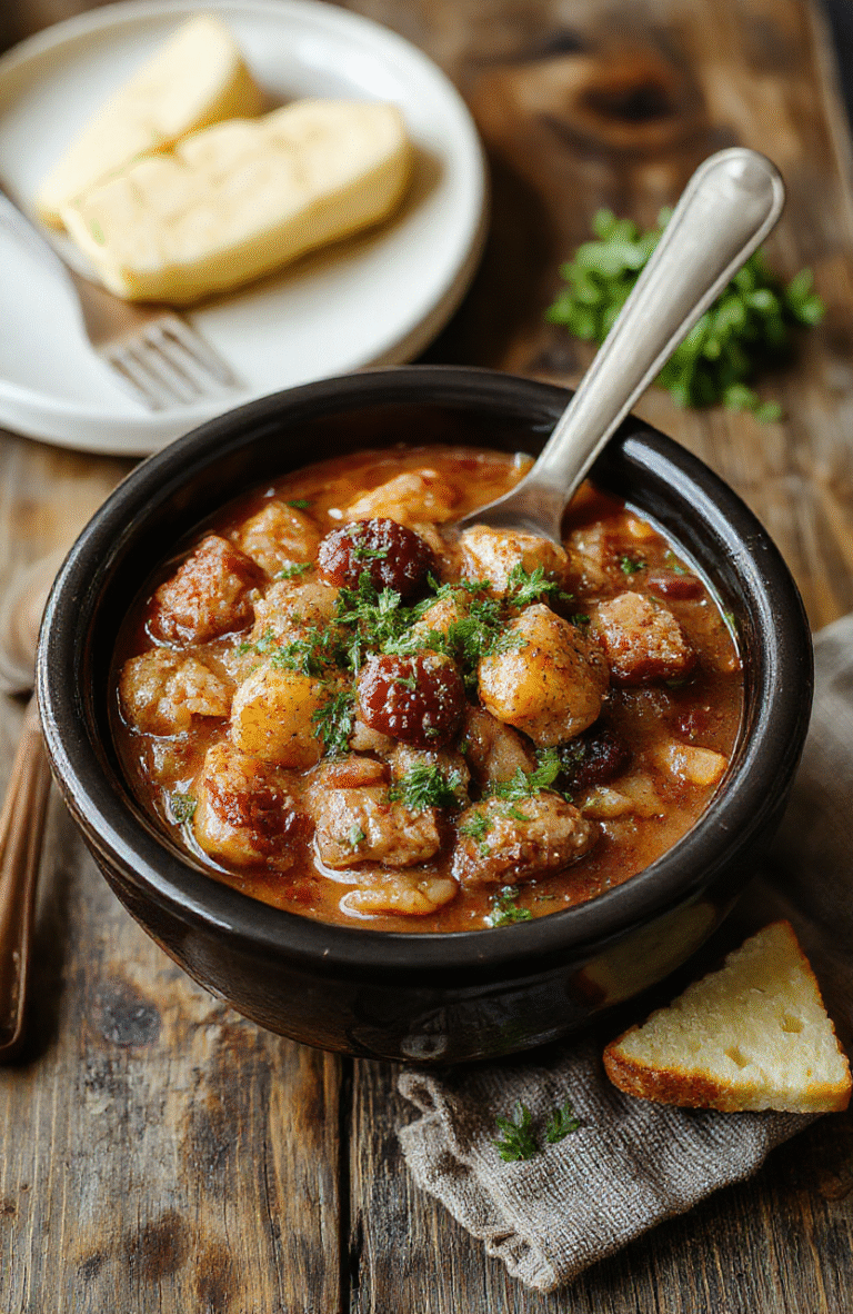 A rustic bowl of Crock Pot Poor Man's Stew showcasing tender chunks of beef, carrots, potatoes, and vegetables in a rich broth, garnished with fresh herbs. The stew is served in a cozy ceramic bowl on a wooden table, with a spoon resting beside it, evoking warmth and homestyle comfort.