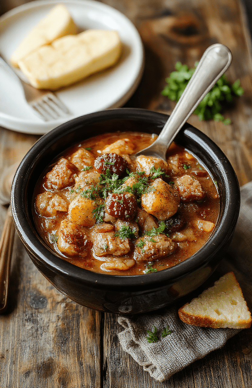 A rustic bowl of Crock Pot Poor Man's Stew showcasing tender chunks of beef, carrots, potatoes, and vegetables in a rich broth, garnished with fresh herbs. The stew is served in a cozy ceramic bowl on a wooden table, with a spoon resting beside it, evoking warmth and homestyle comfort.