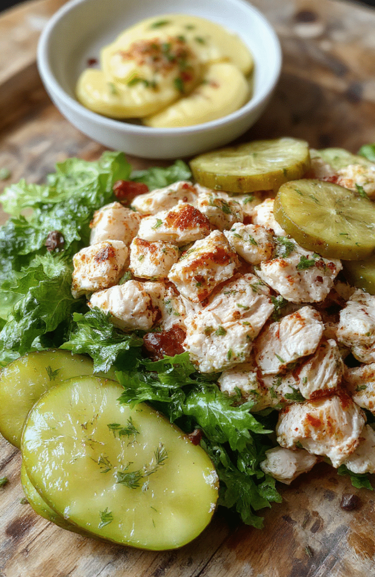 A vibrant plate of crunchy dill pickle chicken salad featuring shredded cooked chicken coated with sliced dill pickles, fresh herbs, creamy dressing, served on a white bowl. The salad showcases a mix of textures with crisp pickles and tender chicken, garnished with fresh dill and lemon wedges, arranged on a rustic wooden table with soft natural lighting emphasizing the fresh and colorful ingredients.