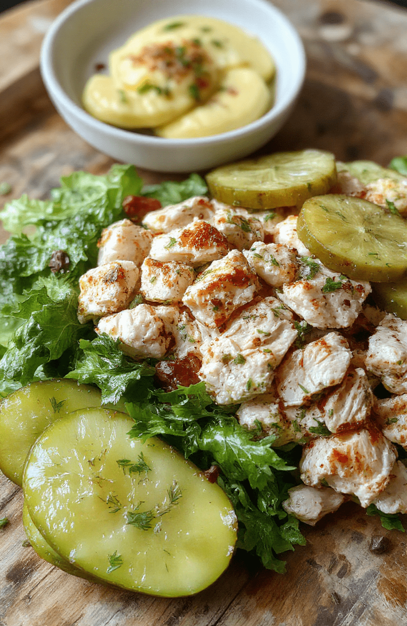 A vibrant plate of crunchy dill pickle chicken salad featuring shredded cooked chicken coated with sliced dill pickles, fresh herbs, creamy dressing, served on a white bowl. The salad showcases a mix of textures with crisp pickles and tender chicken, garnished with fresh dill and lemon wedges, arranged on a rustic wooden table with soft natural lighting emphasizing the fresh and colorful ingredients.