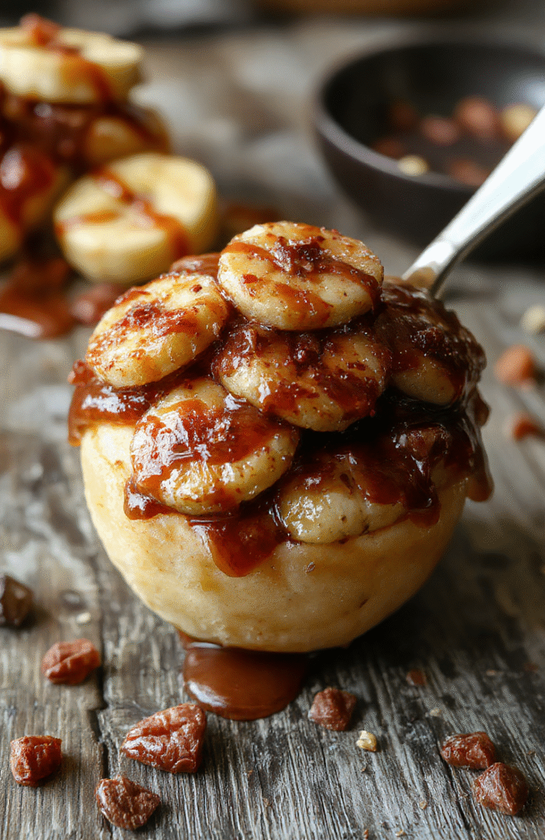 A vibrant plate of caramelized bananas cooked in an air fryer, showcasing golden-brown edges and a glossy caramel glaze, garnished with a sprinkle of toasted nuts and a mint leaf, set on a rustic wooden table with soft natural lighting emphasizing textures and colors.