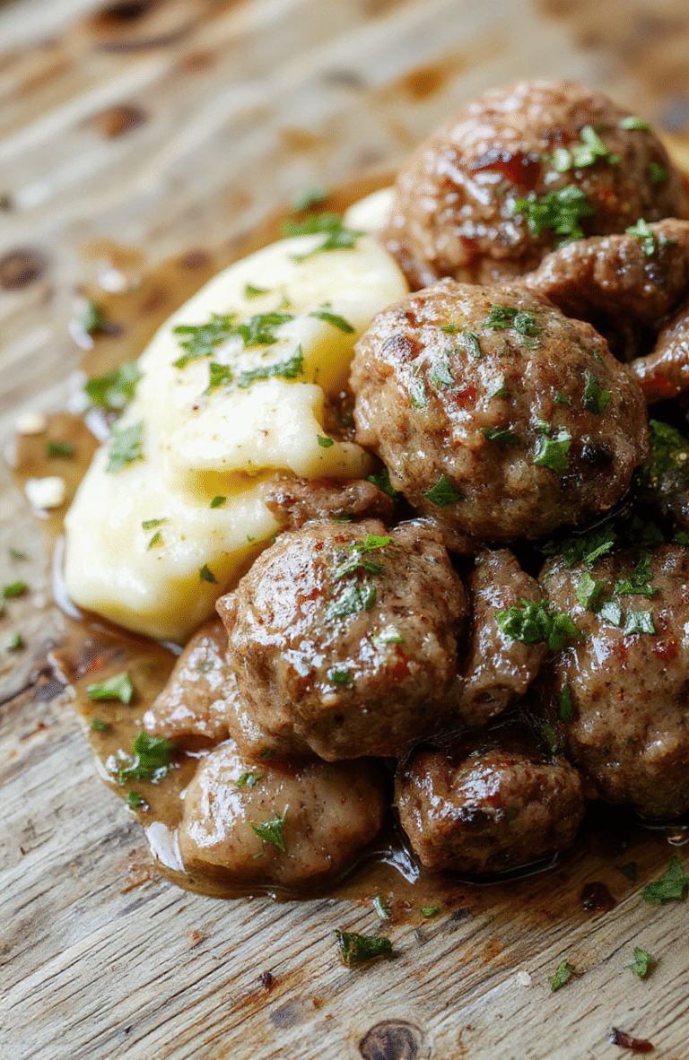 A close-up of golden-brown Salisbury steak meatballs topped with savory gravy, served alongside smooth, creamy garlic herb mashed potatoes garnished with fresh herbs, styled on a rustic wooden table with warm lighting.