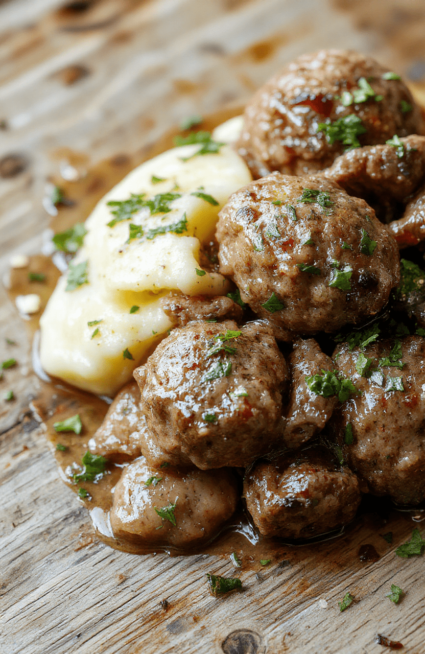 A close-up of golden-brown Salisbury steak meatballs topped with savory gravy, served alongside smooth, creamy garlic herb mashed potatoes garnished with fresh herbs, styled on a rustic wooden table with warm lighting.