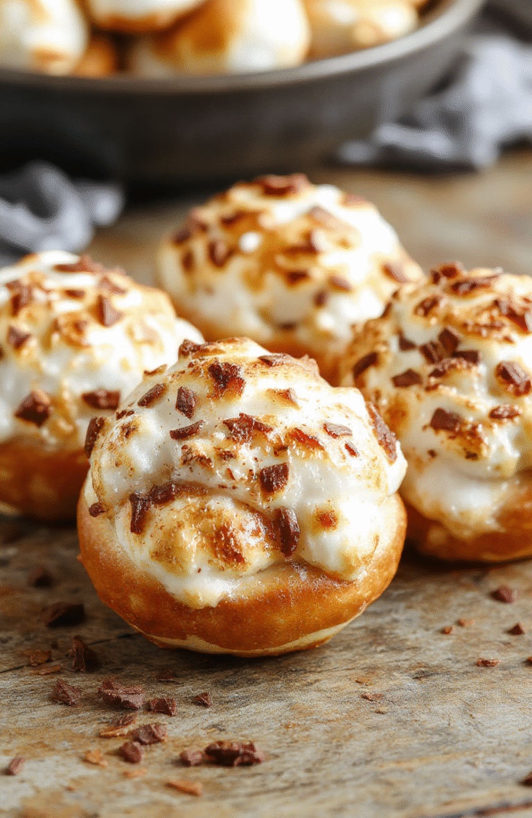 A colorful plate of golden-brown pretzel bites topped with melted chocolate and toasted marshmallows, arranged neatly on a rustic wooden table with a few pretzels and chocolate scattered around, styled for an inviting party snack shot.