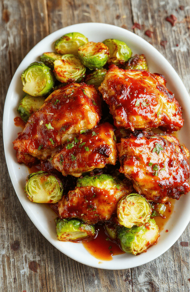 A vibrant plate featuring crispy air fryer chicken glazed with glossy sweet chili sauce alongside roasted Brussels sprouts with crispy edges, all beautifully arranged on a neutral ceramic plate with a rustic wooden background, highlighting textures and colors of the dish.