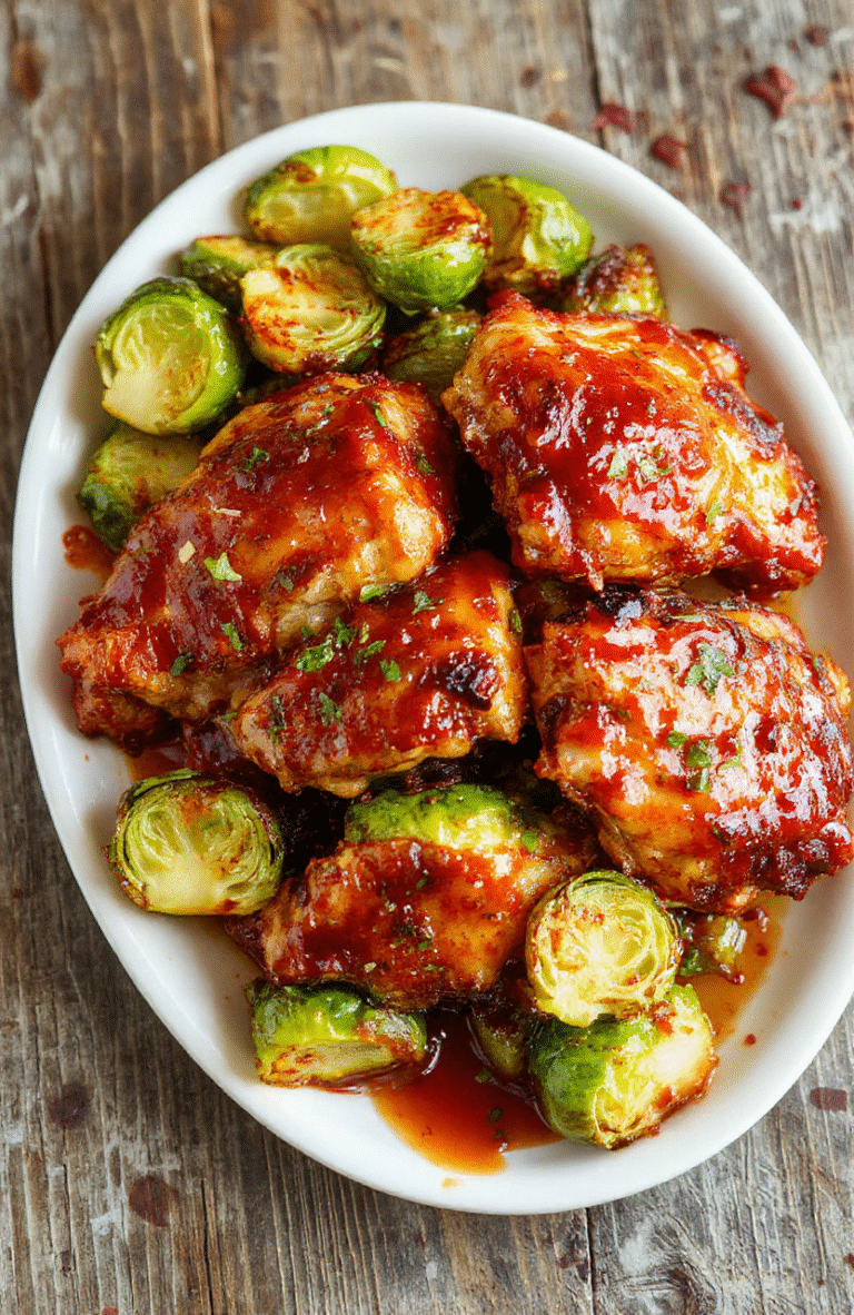 A vibrant plate featuring crispy air fryer chicken glazed with glossy sweet chili sauce alongside roasted Brussels sprouts with crispy edges, all beautifully arranged on a neutral ceramic plate with a rustic wooden background, highlighting textures and colors of the dish.