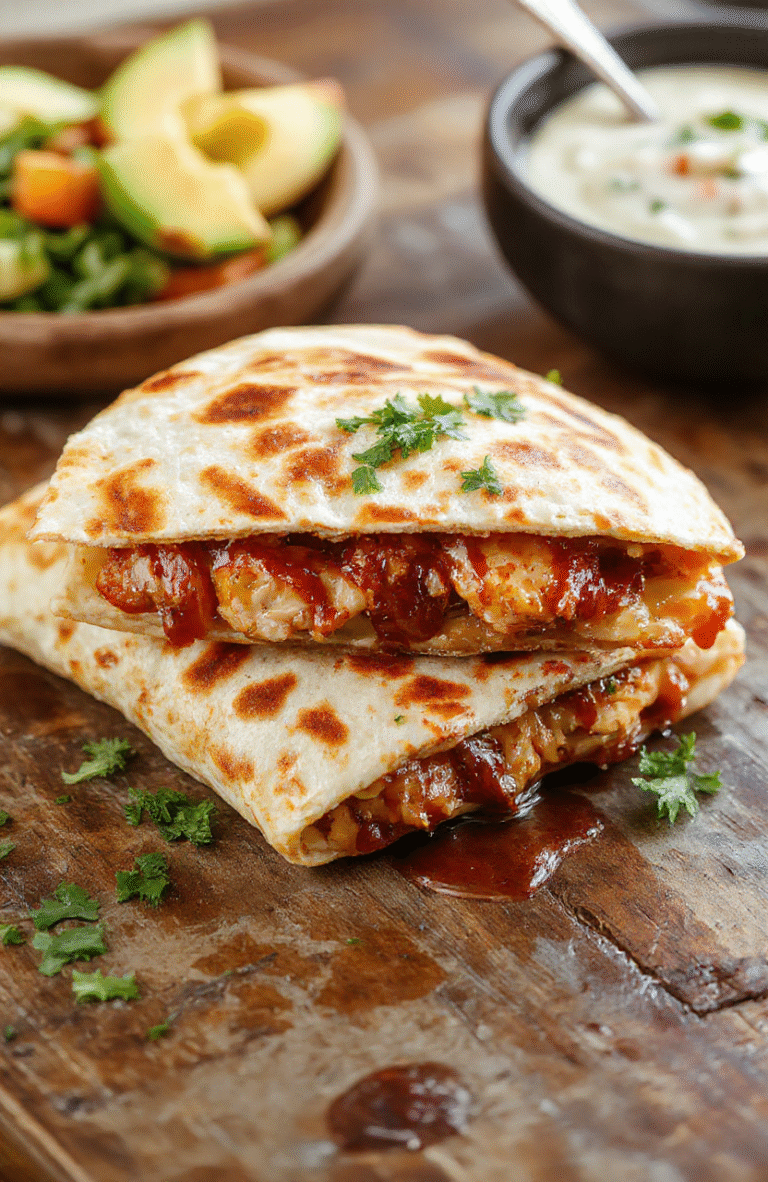 A colorful plate of BBQ chicken quesadilla with crispy golden edges, filled with melted cheese, shredded BBQ chicken, and fresh cilantro, served on a rustic wooden table with a side of salsa and sour cream, vibrant and appetizing.