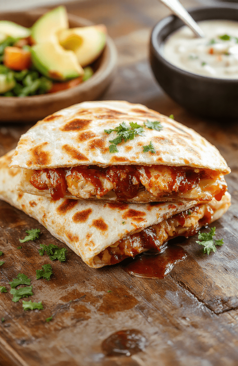 A colorful plate of BBQ chicken quesadilla with crispy golden edges, filled with melted cheese, shredded BBQ chicken, and fresh cilantro, served on a rustic wooden table with a side of salsa and sour cream, vibrant and appetizing.