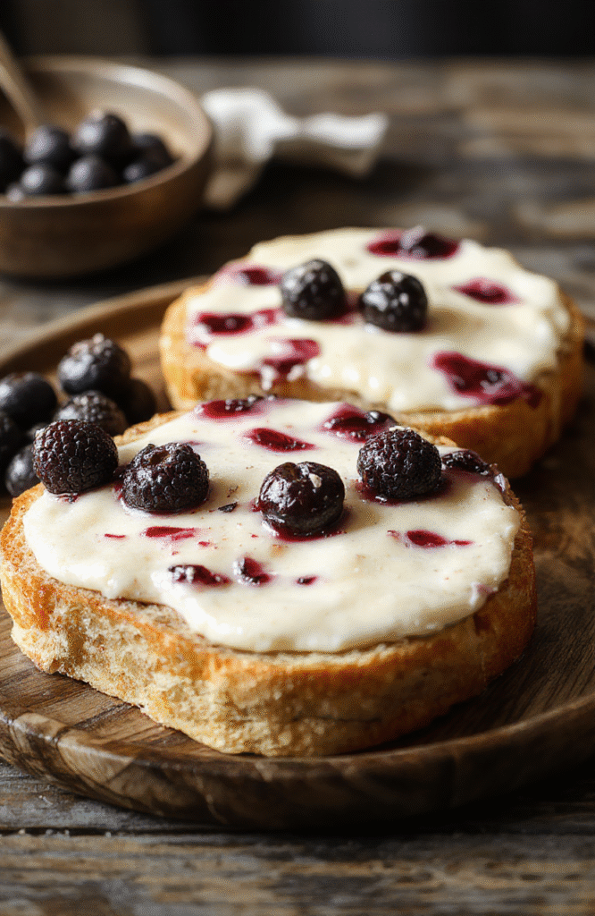 A slice of blueberry cream cheese bread with a golden crust and vibrant blueberry filling, topped with a swirl of cream cheese and dusted with powdered sugar, styled on a rustic wooden plate with soft natural light highlighting the textures.
