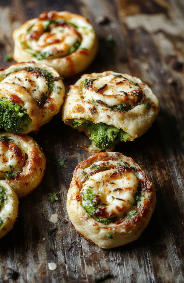 Colorful broccoli cheese pinwheels arranged on a white plate, showcasing golden flaky pastry with bright green broccoli and melted cheese filling, styled simply with natural lighting highlighting textures and vibrant colors.