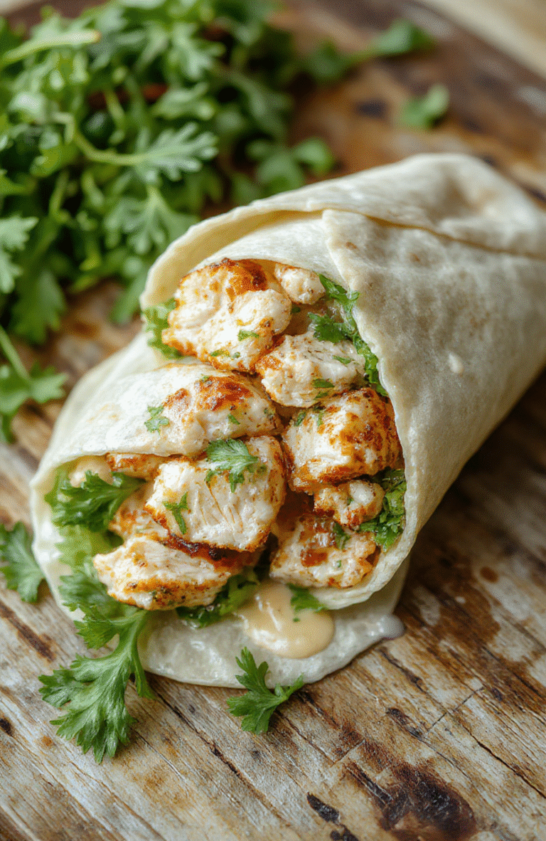 A colorful chicken Caesar wrap sliced open to reveal fresh lettuce, grilled chicken strips, grated Parmesan, and creamy Caesar dressing inside a toasted wrap, arranged on a rustic wooden plate with a fork beside it, vibrant greens and golden-brown wrap contrasting in natural daylight.