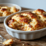 A warm, golden bread pudding served in a rustic ceramic bowl, topped with a dusting of powdered sugar and a drizzle of caramel sauce. The pudding has a soft, custardy interior with crispy edges. Surrounding the dish are slices of crusty bread and a small nutmeg grater. The background features a cozy wooden table, soft natural light, and fresh cinnamon sticks for decoration.