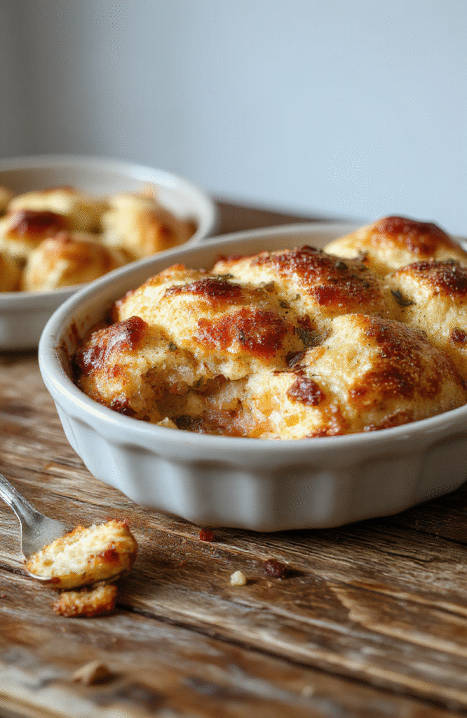 A warm, golden bread pudding served in a rustic ceramic bowl, topped with a dusting of powdered sugar and a drizzle of caramel sauce. The pudding has a soft, custardy interior with crispy edges. Surrounding the dish are slices of crusty bread and a small nutmeg grater. The background features a cozy wooden table, soft natural light, and fresh cinnamon sticks for decoration.