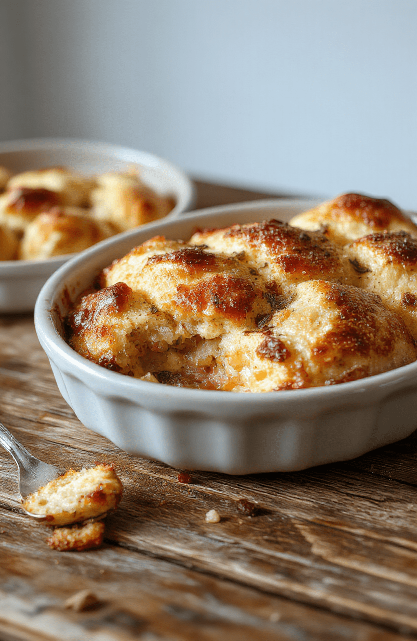 A warm, golden bread pudding served in a rustic ceramic bowl, topped with a dusting of powdered sugar and a drizzle of caramel sauce. The pudding has a soft, custardy interior with crispy edges. Surrounding the dish are slices of crusty bread and a small nutmeg grater. The background features a cozy wooden table, soft natural light, and fresh cinnamon sticks for decoration.