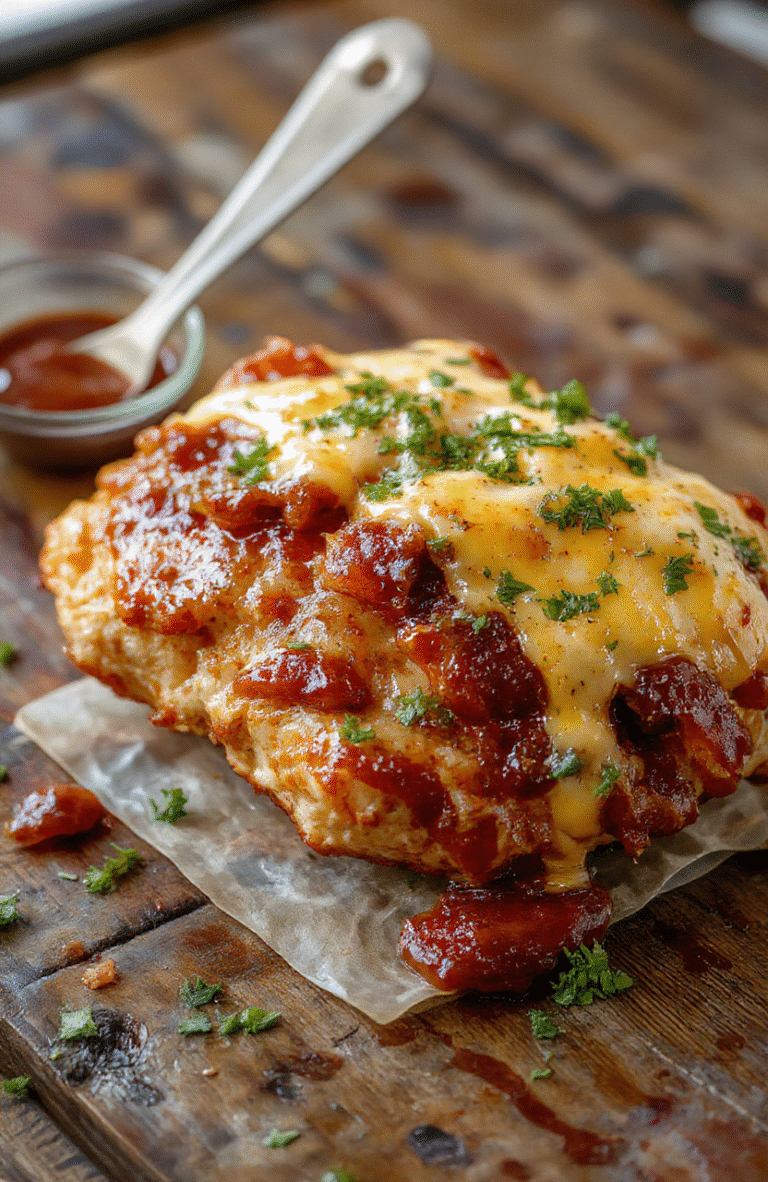 Colorful plated BBQ bacon cheddar chicken with crispy bacon, melted cheddar cheese, and barbecue sauce garnished with fresh herbs, styled on a rustic wooden table with vibrant lighting highlighting the textures and rich colors.