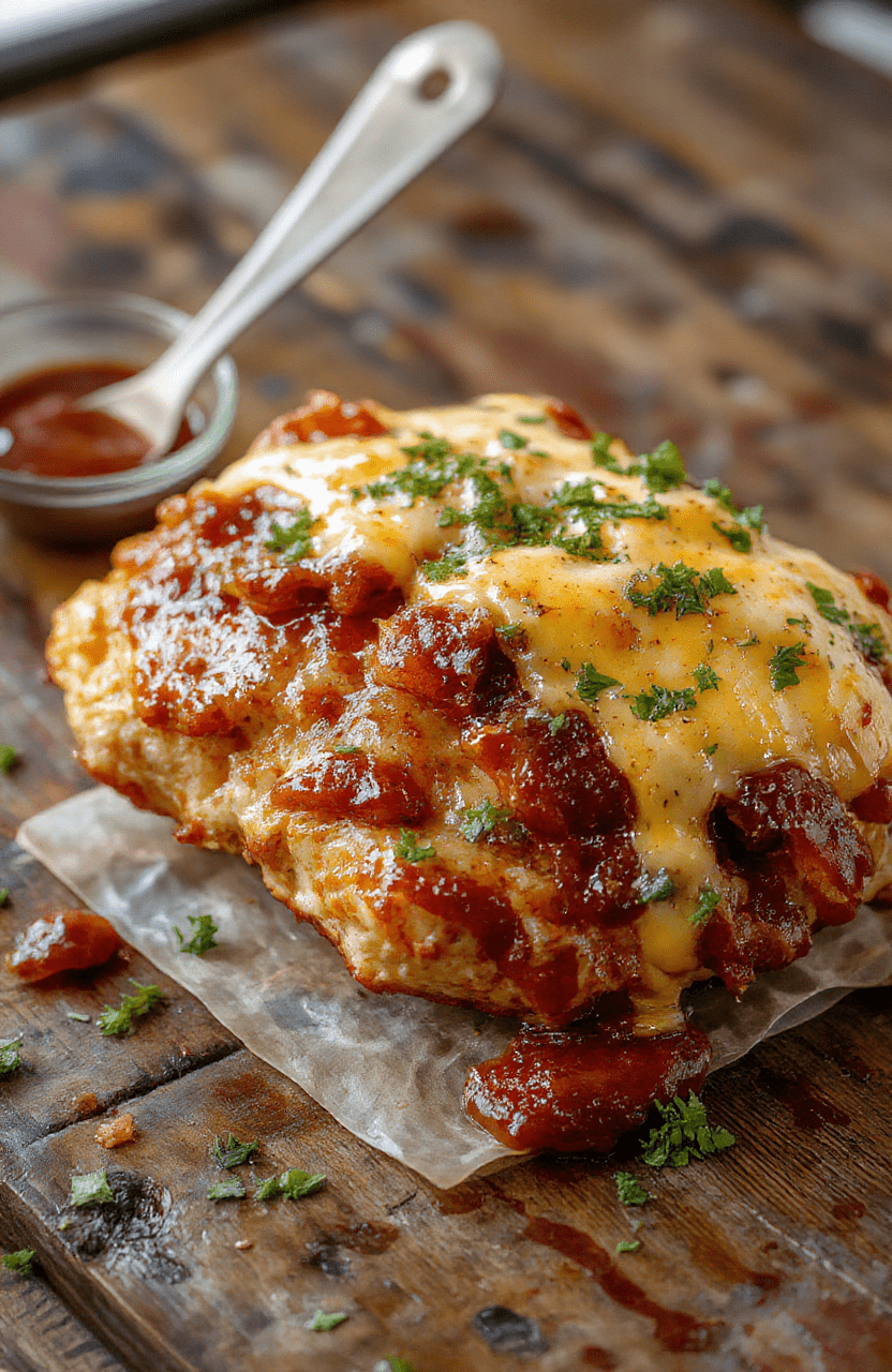 Colorful plated BBQ bacon cheddar chicken with crispy bacon, melted cheddar cheese, and barbecue sauce garnished with fresh herbs, styled on a rustic wooden table with vibrant lighting highlighting the textures and rich colors.